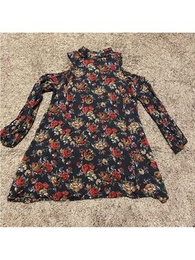 Angie Navy Floral Long Sleeve Sundress With Mock Neck & Cold Shoulder